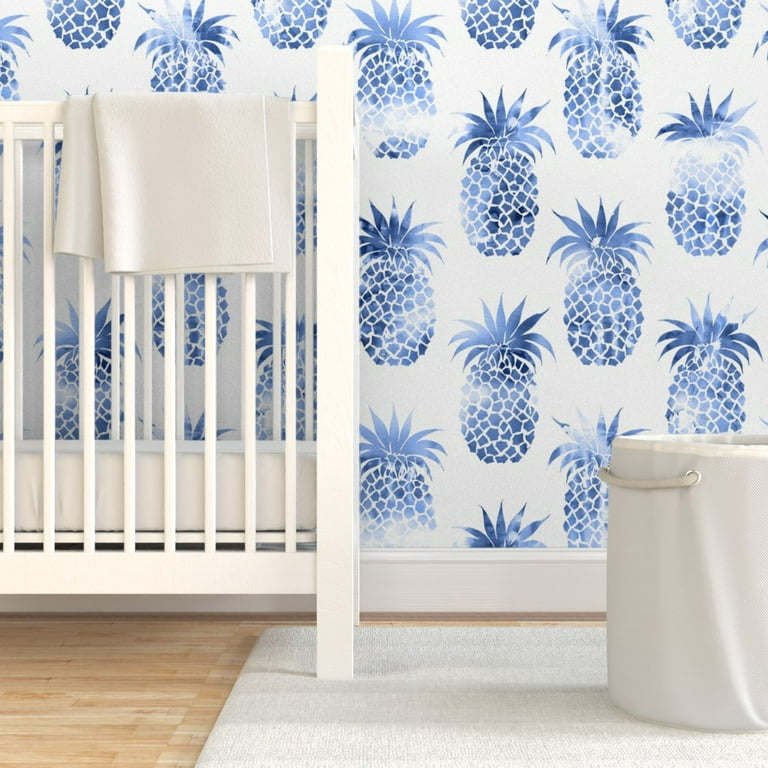 Removable Water-Activated Wallpaper Pineapple Tropical Fruit Watercolor Blue And Removable Water-Activated Wallpaper Pineapple Tropical Fruit Watercolor Blue And